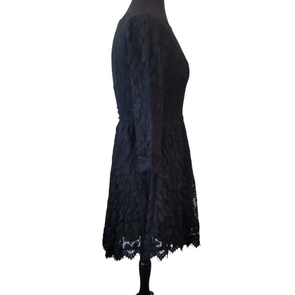 Free People Asymmetrical Boho Black Lace Overlay Long Sleeve Mini Dress Small
